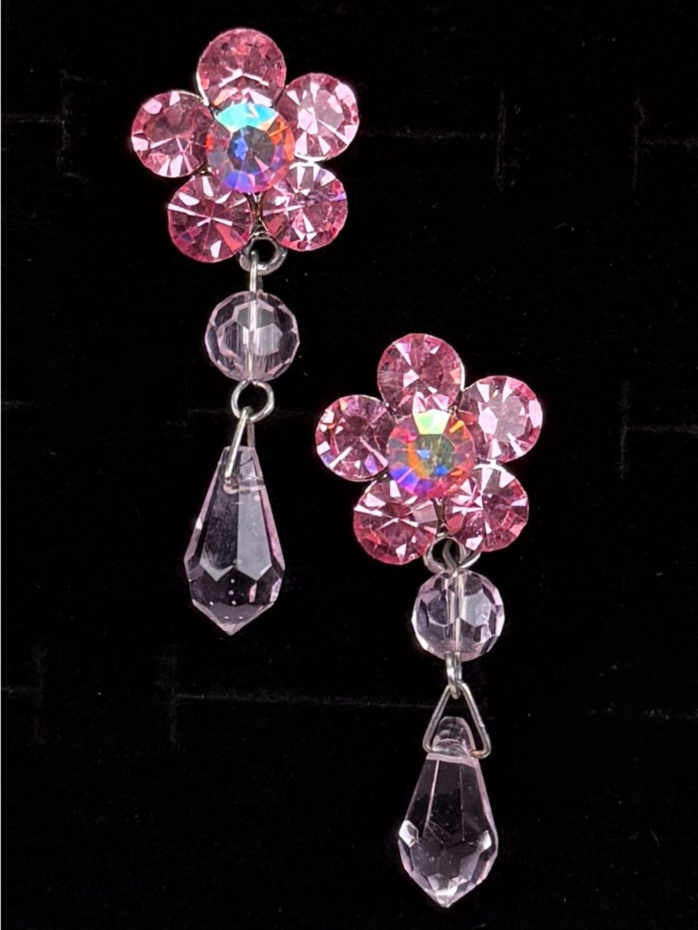 Vintage Pink Faceted Flower Long Dangle Pierced Earrings Iridescent